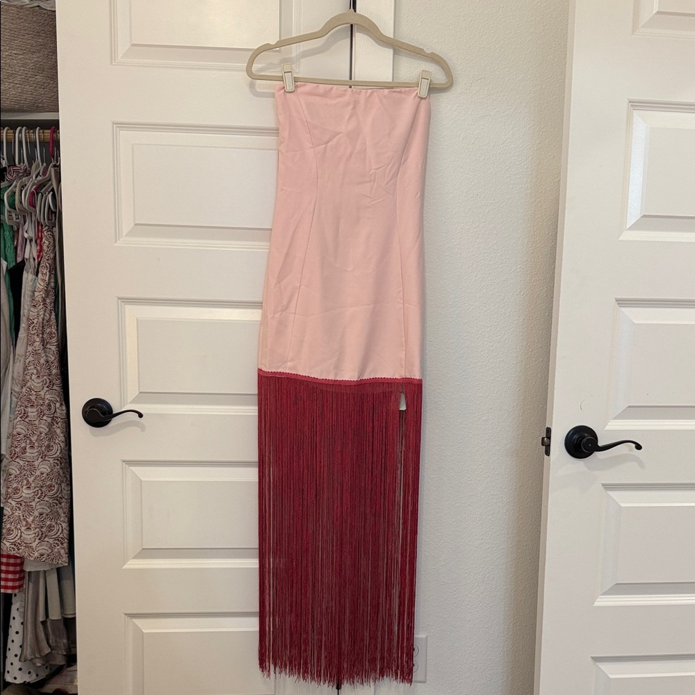 Strapless Pink and Red Fringe Maxi Dress